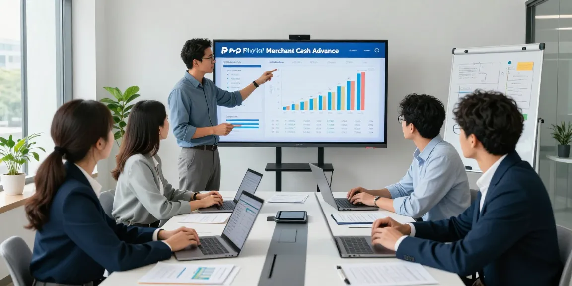 Professional team discussing a PayPal merchant cash advance strategy during a meeting with data visualizations.