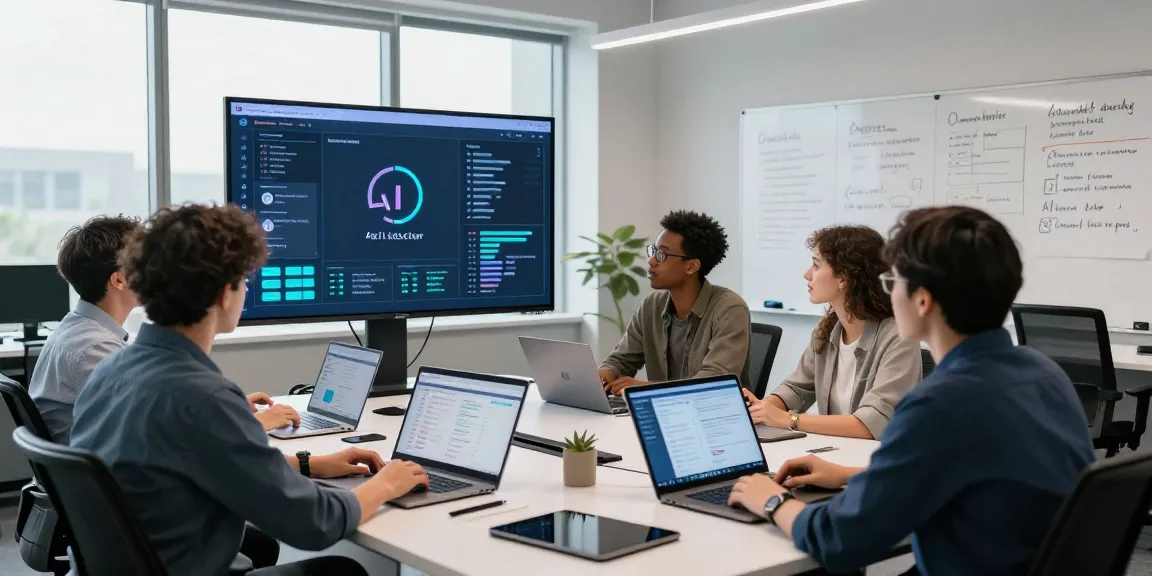 Team collaborating using an ai detector for content moderation in a modern office.