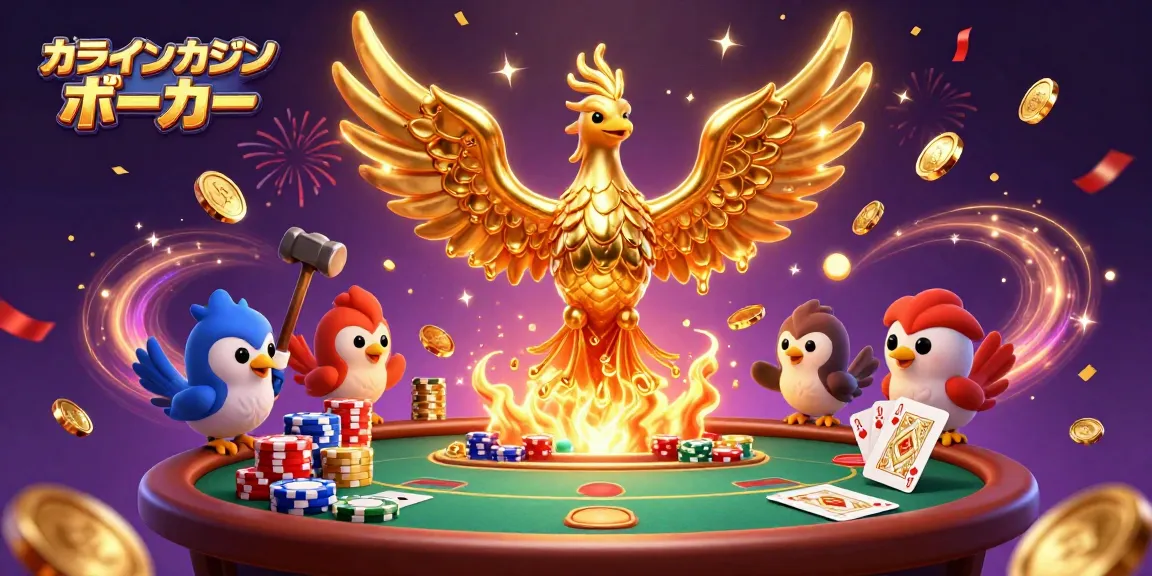 オンラインカジノ ポーカーで黄金の鳳凰が現れ、華やかなポーカーゲームと宝石が舞うシーン。