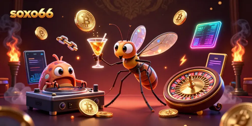 Experience the dynamic world of soxo66 with a vibrant casino scene featuring unique mascots and elements.