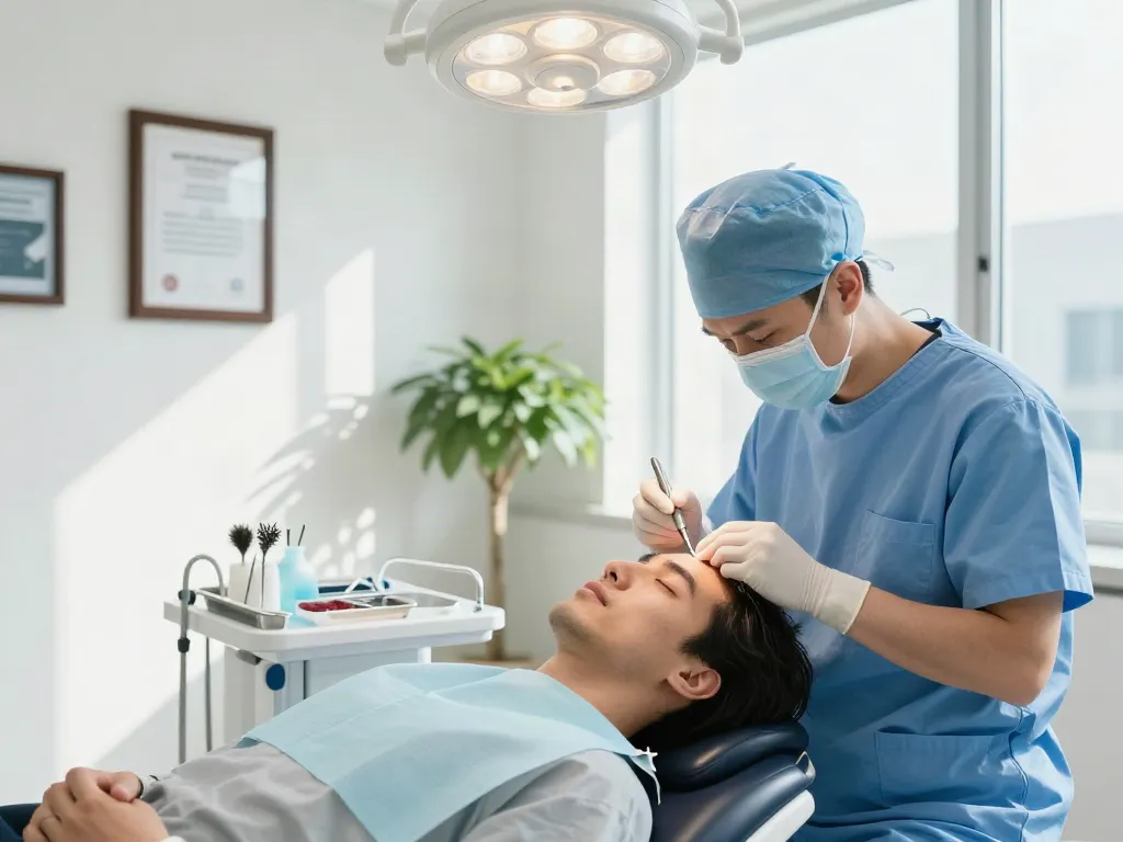 Hair transplant procedure in a serene clinic, showcasing precision and care by medical experts.