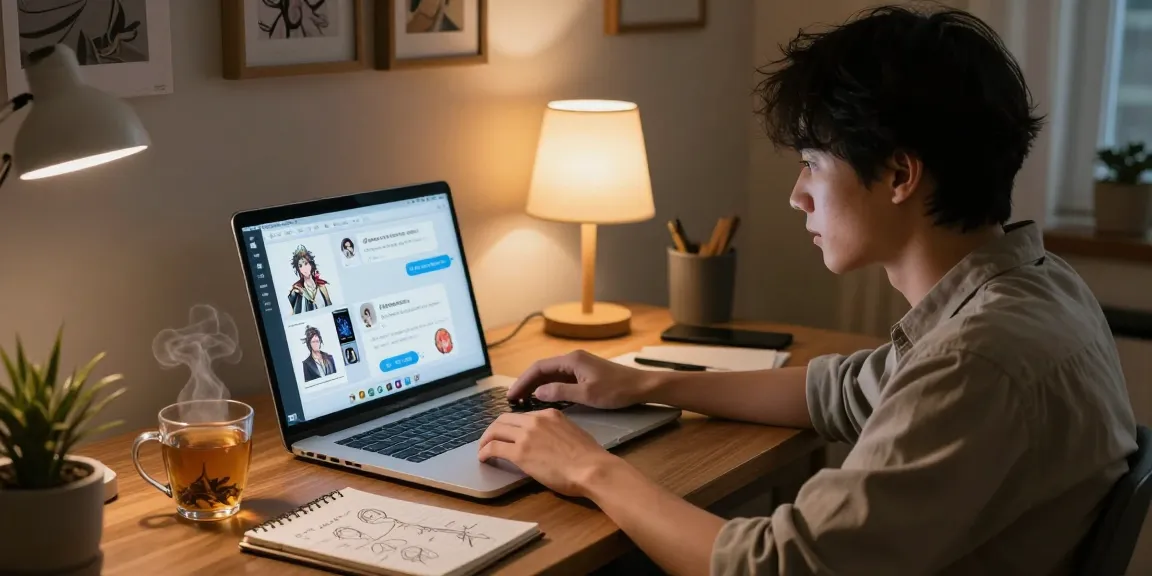 Interactive scene of a user enjoying nsfw ai chat with modern conversational AI on a sleek laptop in a cozy home office