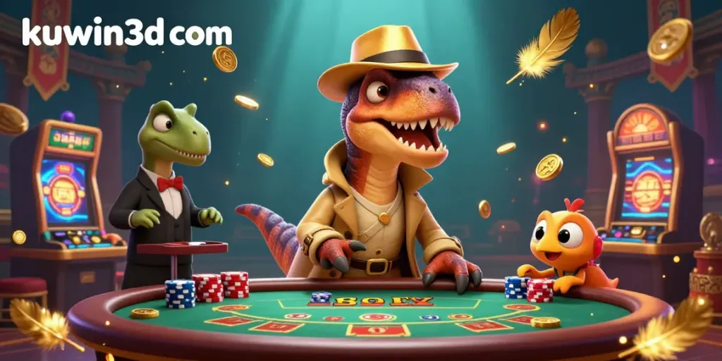 Experience the thrills of casino gaming at kuwin3d com with a velociraptor card counter surrounded by gold and excitement.