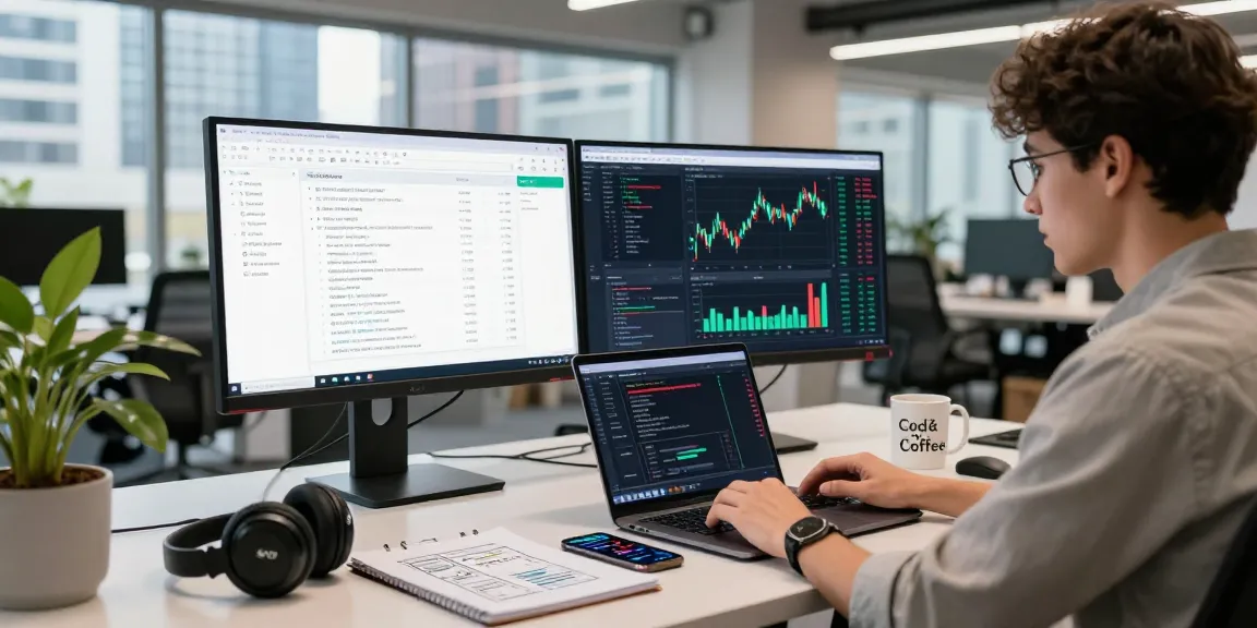 Developer analyzing forex WebSocket stream API in a modern office setting with real-time data visualization.