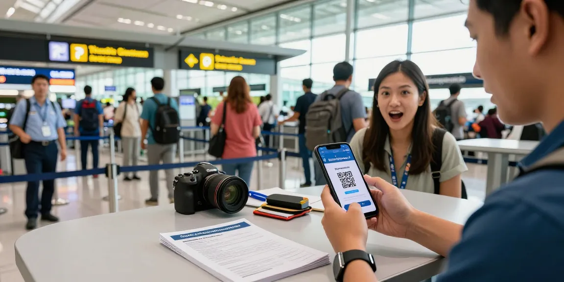 Traveler presenting Thailand digital arrival card QR code at Suvarnabhumi Airport during immigration.