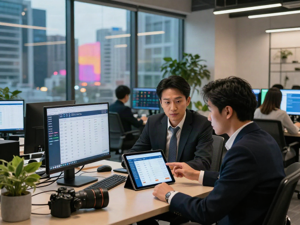 Real estate agents analyzing slot 10k investments in a modern office setting.