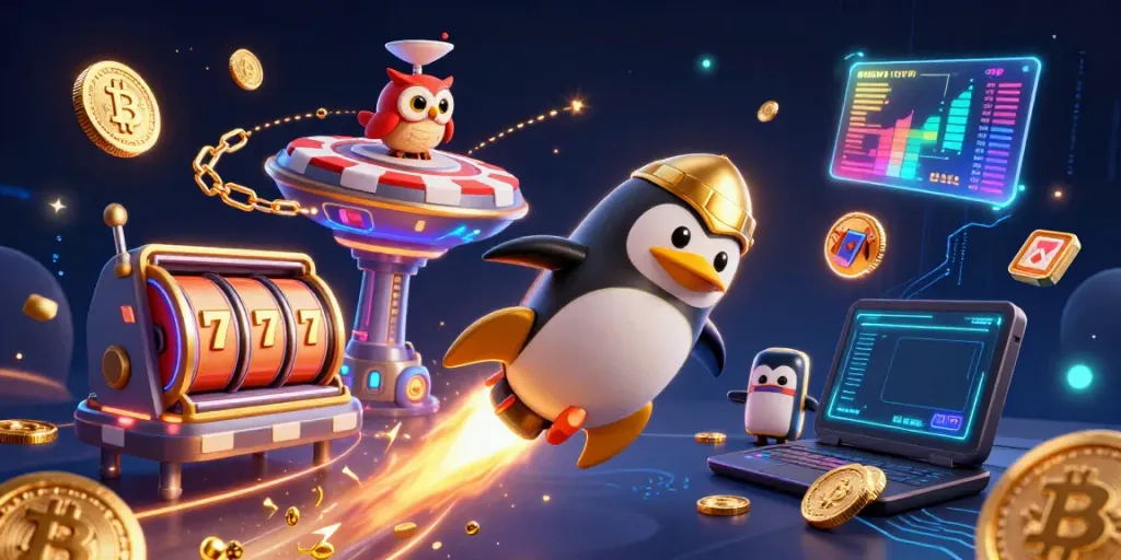 Experience thrilling สล็อต action with a golden penguin launching into a vibrant casino space, surrounded by dynamic symbols.