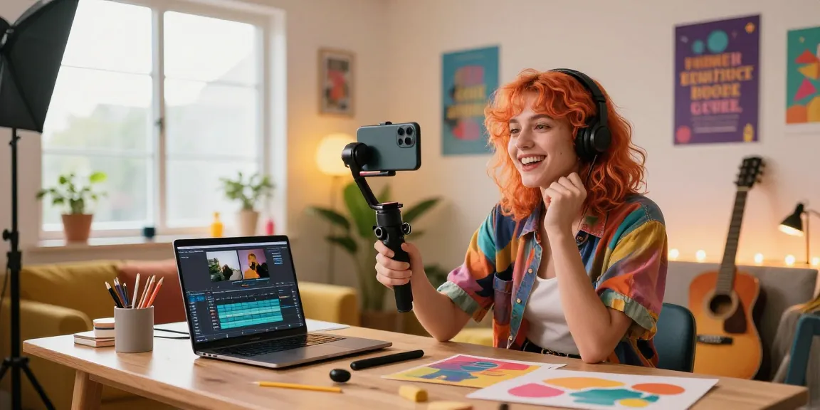 Buy TikTok views by showcasing a vibrant home studio scene with a young creator filming content for their channel.