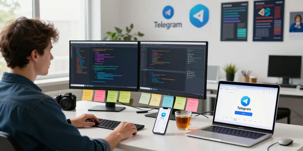 Person downloading Telegram Chinese version, showcasing tech workspace with monitors and smartphone notifications.