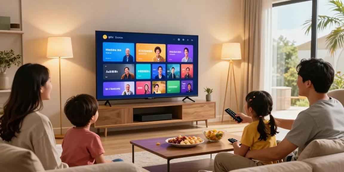 Family engaging with digitaline iptv in a cozy living room, enjoying diverse streaming content.