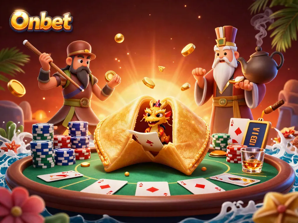 Onbet casino characters interactively guarding a fortune cookie amidst vibrant gambling elements.