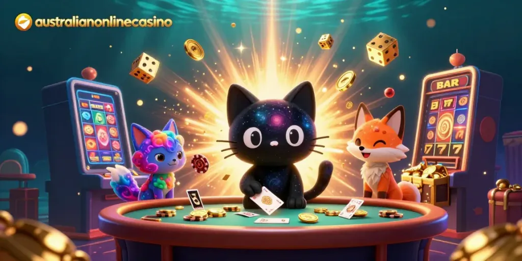 Australianonlinecasino features a cosmic scene with a black hole cat and colorful nebula fox amid casino elements, showcasing vibrant gaming energy.