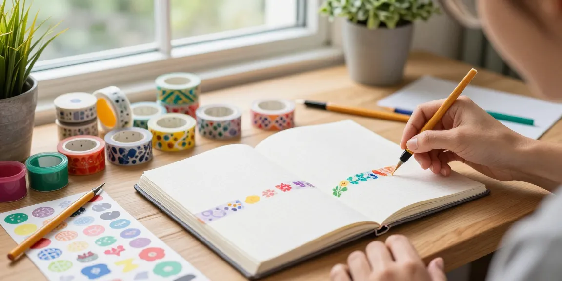 Crafting with custom washi tape on a journal, showcasing vibrant designs and supplies.