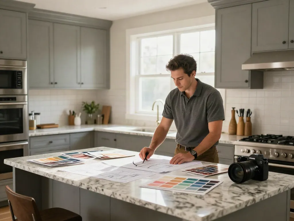 Pinecrest remodeling consultation in a modern kitchen with contractors and homeowners discussing design plans.