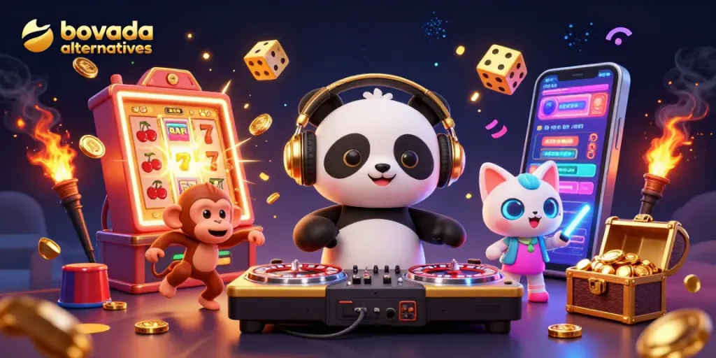 Experience thrilling bovada alternatives in an energetic casino scene with vibrant characters.