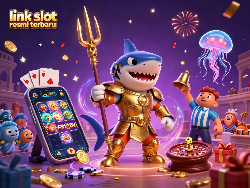 Permainan slot pada link slot resmi terbaru yang menampilkan hiu kartun ganas dan elemen kasino lainnya.