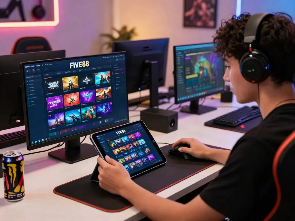 Interactive gaming experience on https://five888vin.com/ with a user engaged in vibrant online betting.