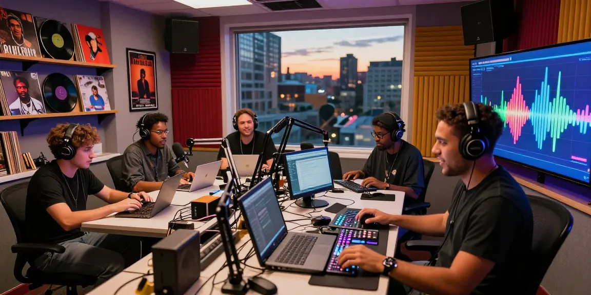 Dynamic DJ mixing live at internet radio station studio filled with energy and excitement.