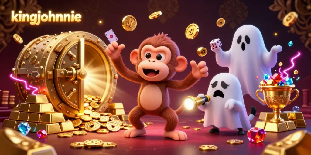 Experience the excitement of kingjohnnie Casino with a playful ghost and engaging characters amidst dazzling treasures.
