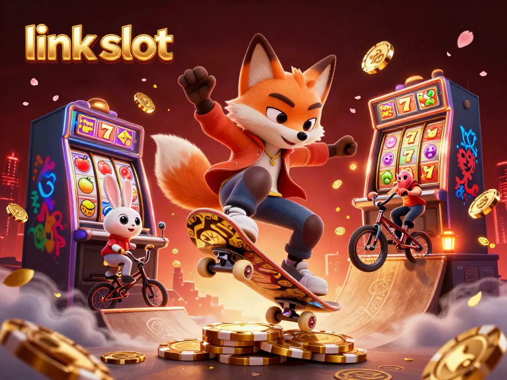 Gambaran slot langsung di 222SLOT dengan karakter lucu melakukan aksi akrobatik di lingkungan kasino