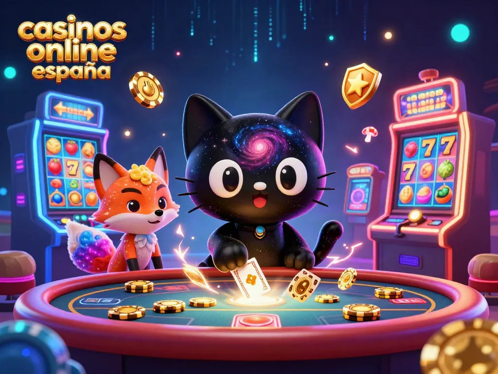 Juega en los casinos online España con un atractivo gato negro y un zorro de neblina atrayendo fichas doradas y cartas.