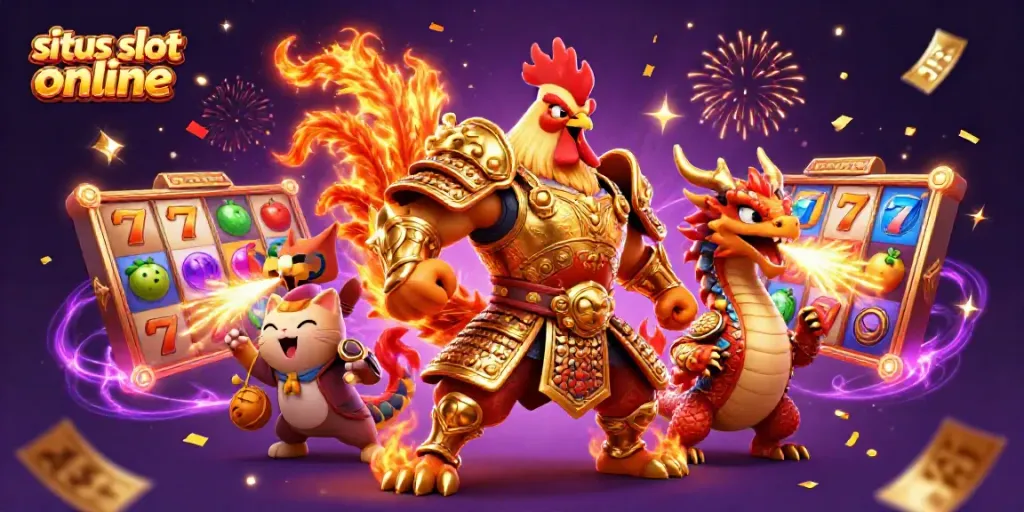 Engage with thrilling slot action featuring a fighting rooster and dragon, illustrating situs slot online dynamics.