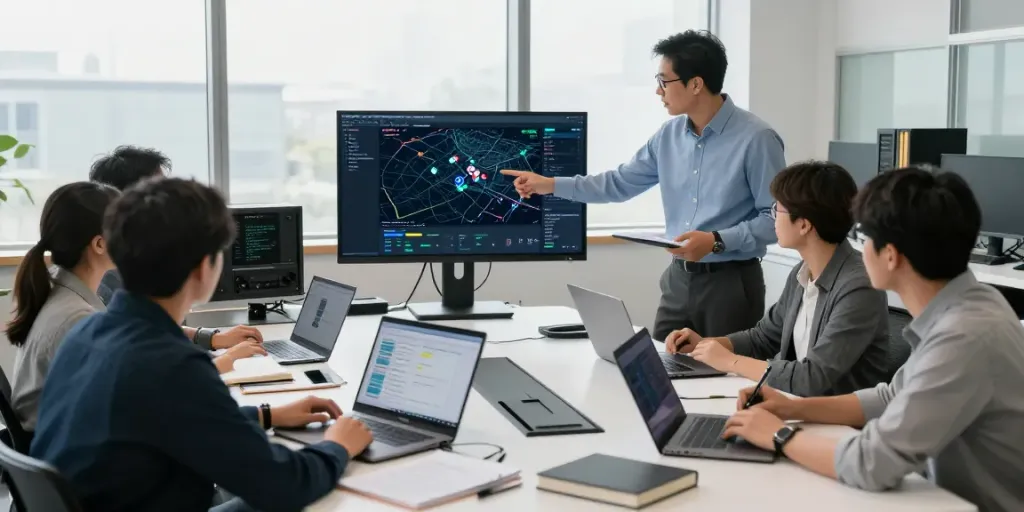 Outscraper team collaborating on Google Maps data in a bright tech workspace.
