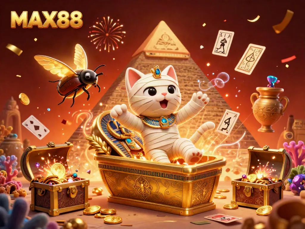 Experience the excitement of MAX88 with a vibrant pyramid casino scene featuring a mummy cat, treasure, and floating cards.