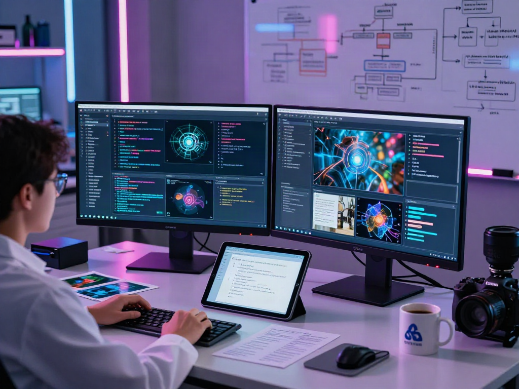 AI Image Detection analysis with scientist reviewing AI-generated images in a modern lab.