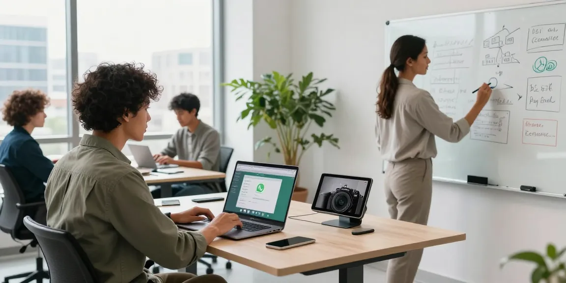 Team collaborating on WhatsApp網頁版 in a modern tech workspace, showcasing diverse professionals engaged in project discussions.