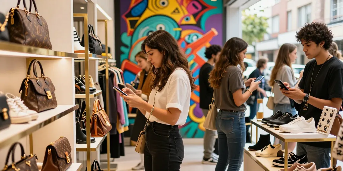 Trendy individual shopping at a 레플리카 쇼핑몰 with colorful luxury products in a chic urban setting.