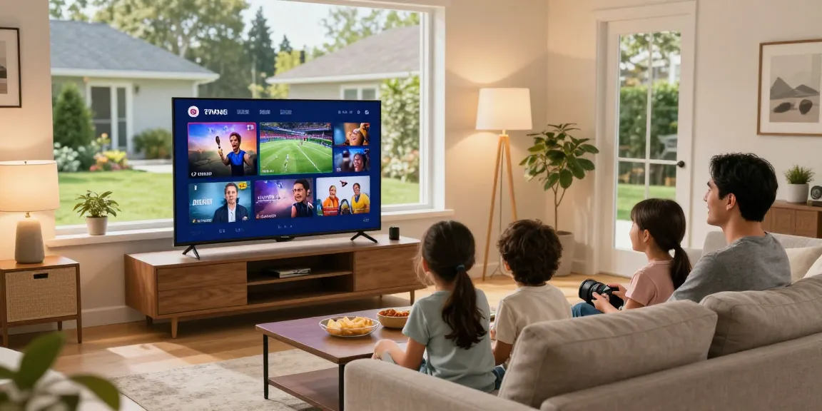 Famille profitant d'iptv dans un salon moderne, ambiance conviviale.