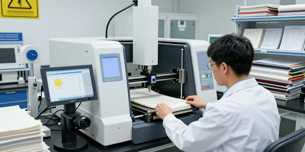 textile lab tensile testing machine in use, technician monitoring fabric strength tests in a bright lab environment