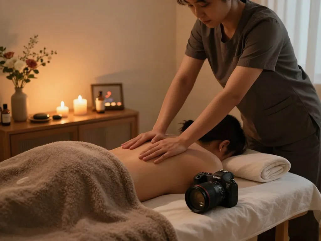 Professional 인천출장마사지 therapy in serene home setting with candles and calming atmosphere.
