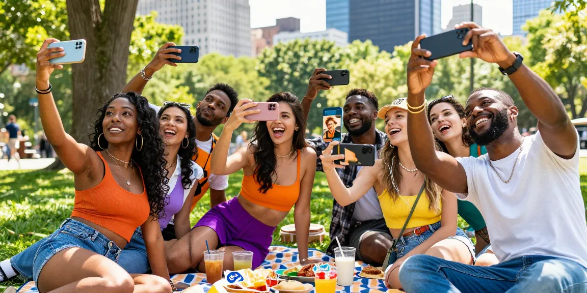 Friends taking selfies in a park to discover celebs I look like, showcasing joy and excitement.