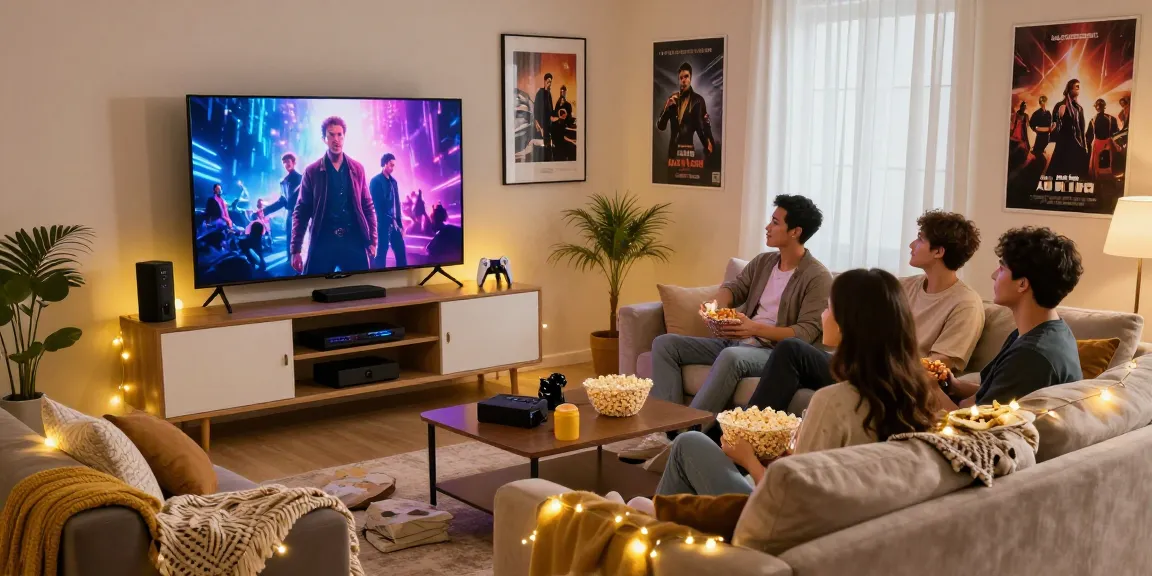 Friends enjoying a movie night with bolly4u org on TV screen and cozy ambiance.