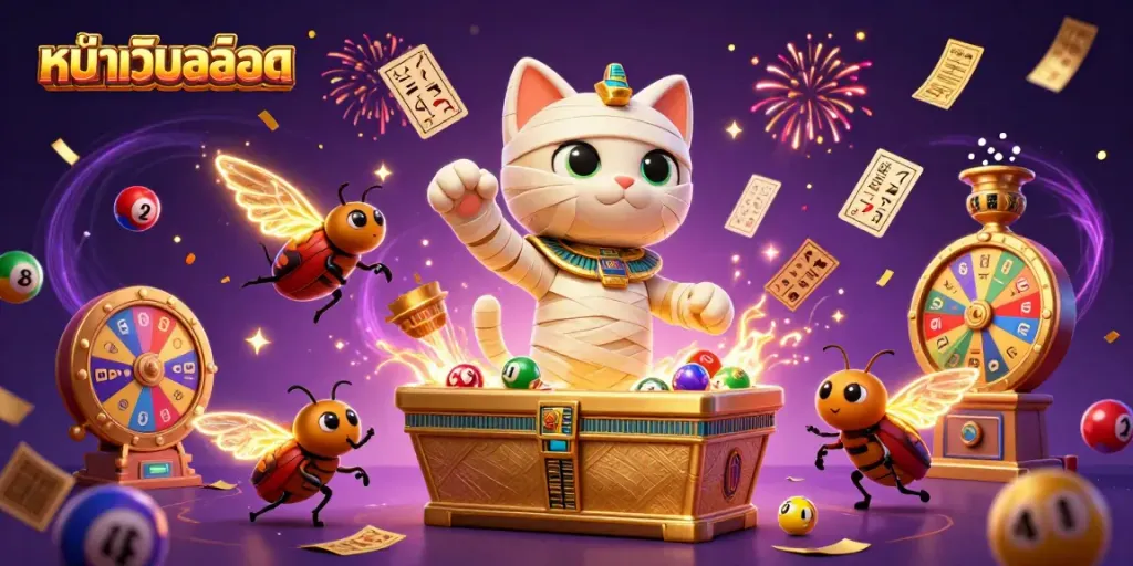 Experience the excitement of หน้าเว็บสล็อต with a lively 3D scene featuring a mummy cat, casino symbols, and colorful lottery elements.