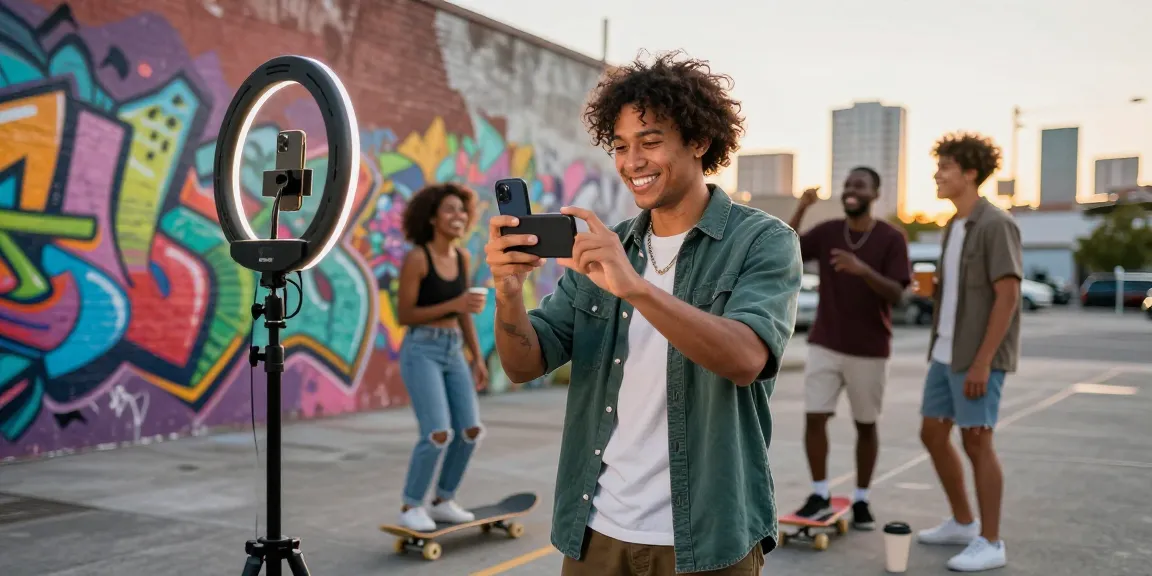 Buy TikTok views with vibrant influencer filming in an urban setting.