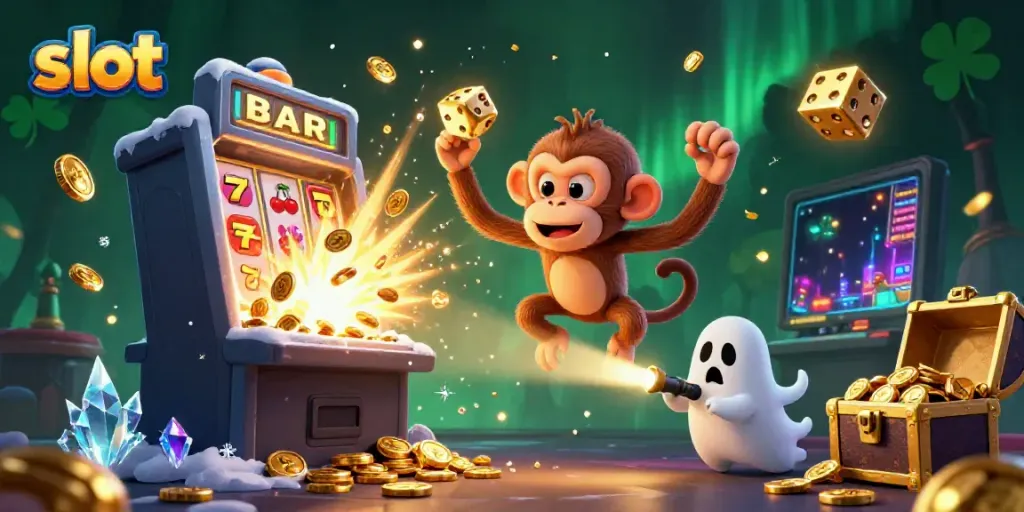 Track a mischievous poltergeist monkey juggling golden coins near dynamic slot machines.