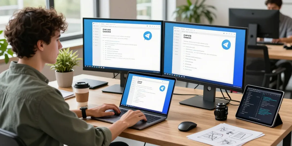 Developer using Telegram Chinese download interface on dual monitors in modern workspace