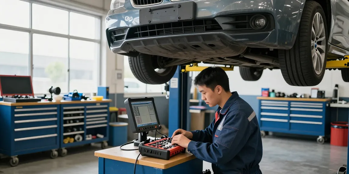 Professioneller Service in einer BMW Werkstatt Hannover, Mechaniker inspiziert Motor mit modernem Equipment.