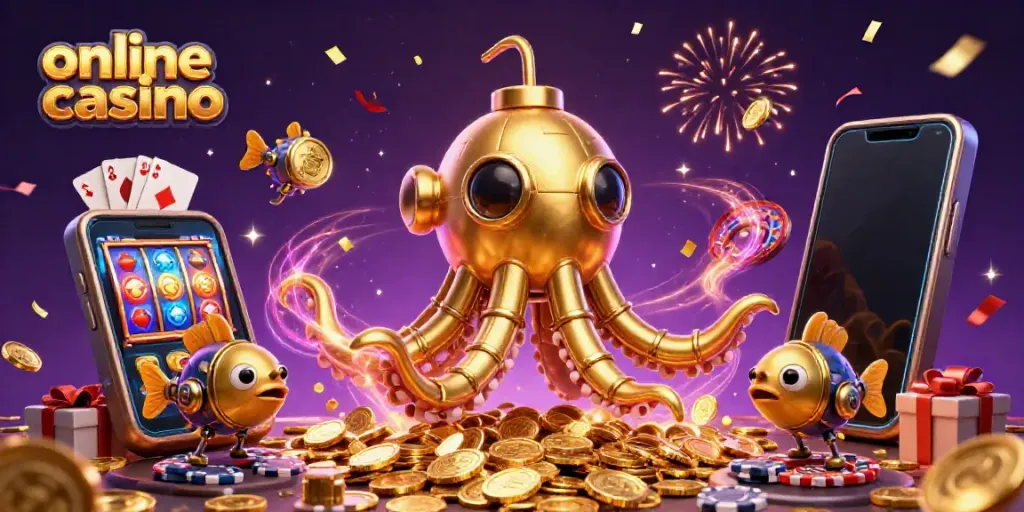 Experience thrilling online casino gameplay featuring a golden kraken submarine in a sea of coins.