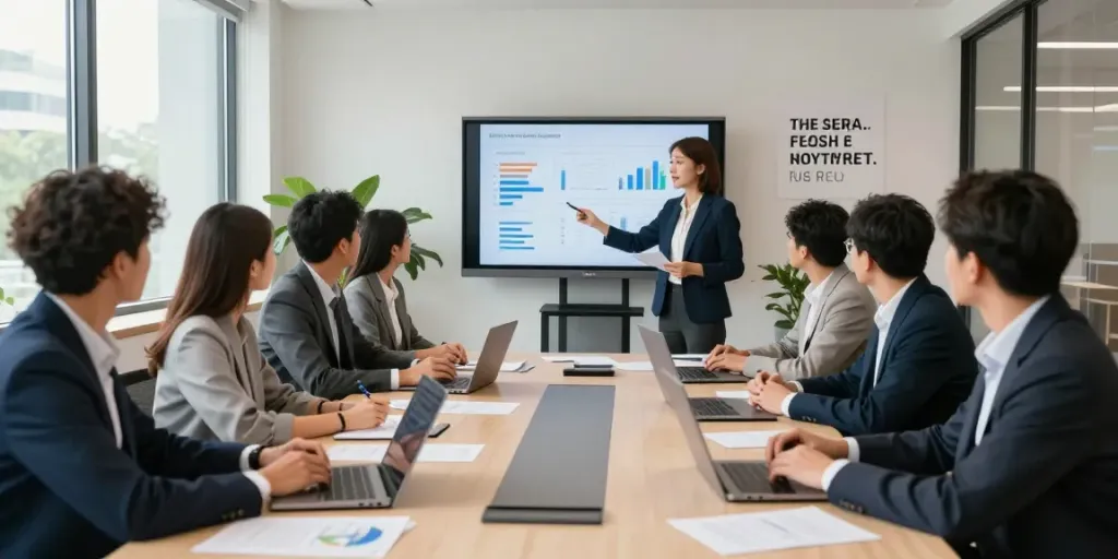 A team collaborating in a modern office environment discussing bpi net empresas solutions.