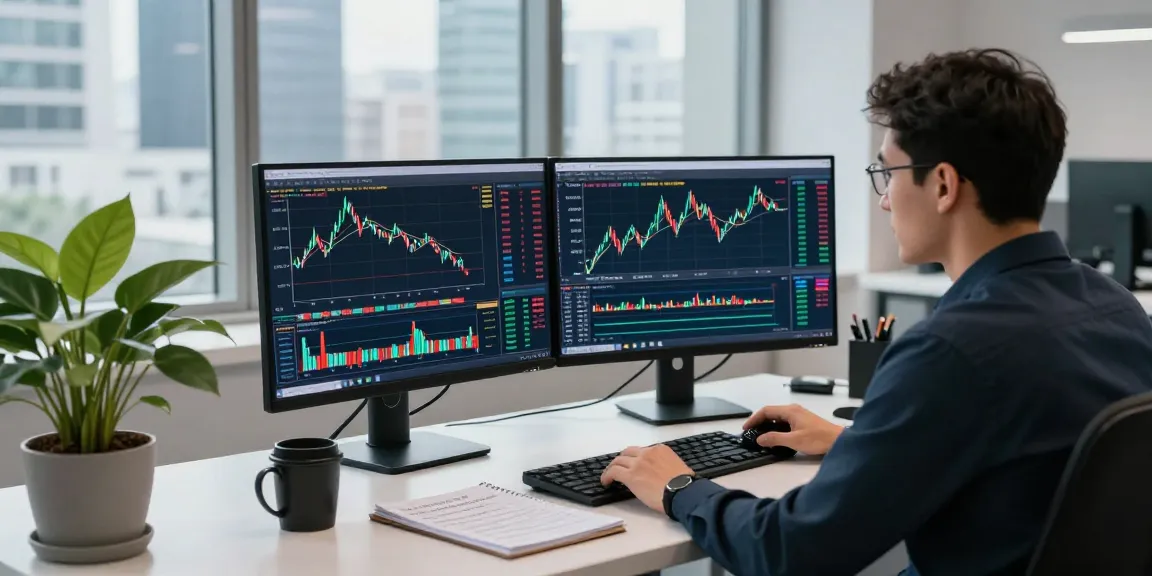 Forex trader utilizing mt5 platform for real-time analysis and trading in a modern office setting.