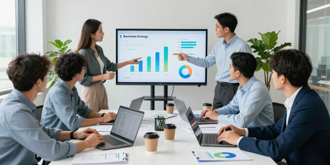 Business energy comparison UK session with professionals discussing energy savings strategies in a modern office.