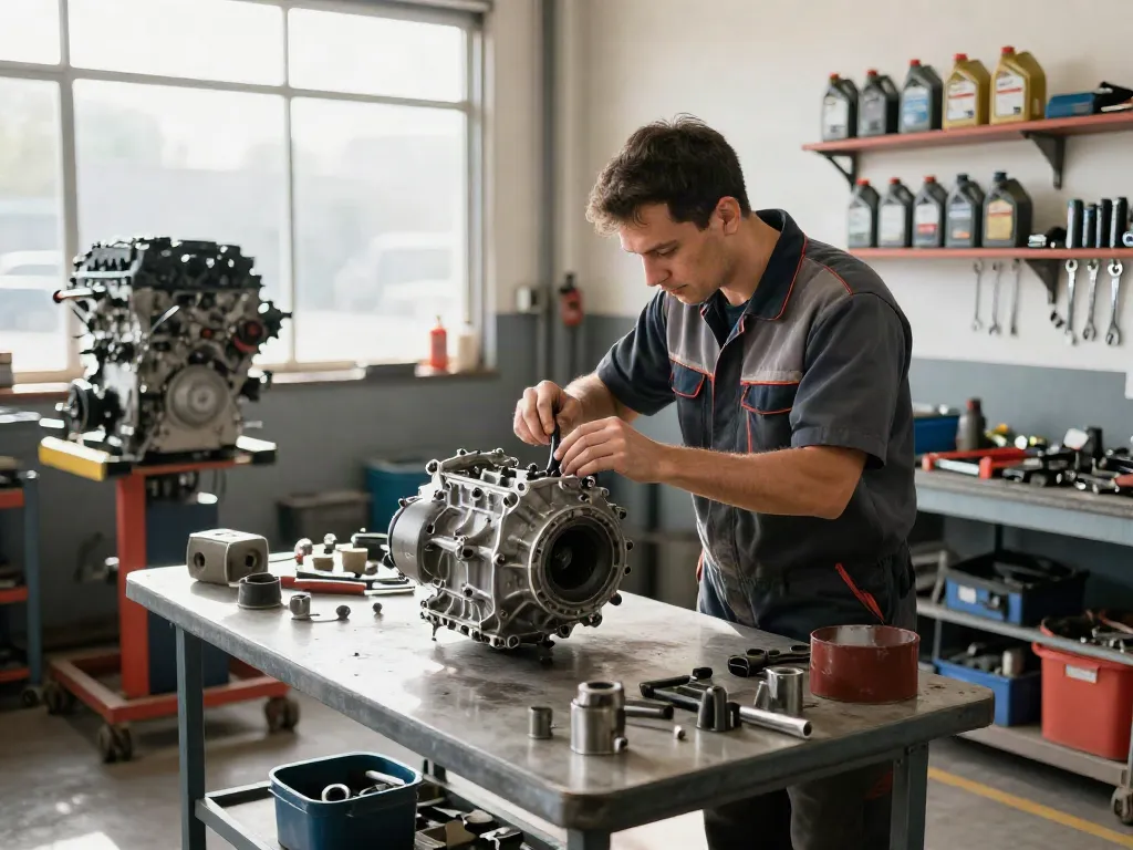 Inspecting a cd009 transmission for sale in a mechanic's workshop.