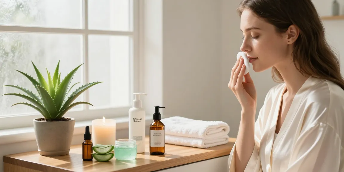 Applying Balance and Refresh Toner in a tranquil bathroom setting with natural skincare products for a calming beauty routine.