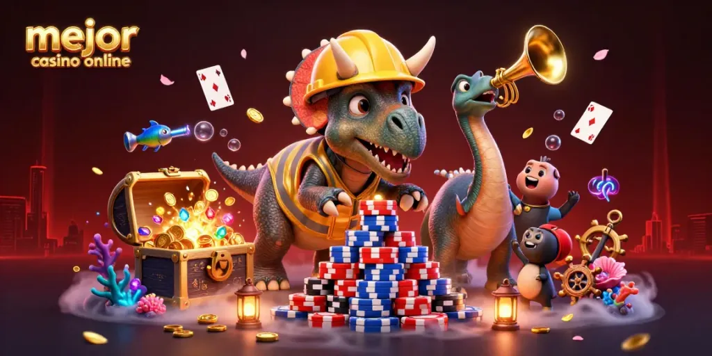 Construye tu victoria en el mejor casino online con un triceratops mientras celebra un jackpot.