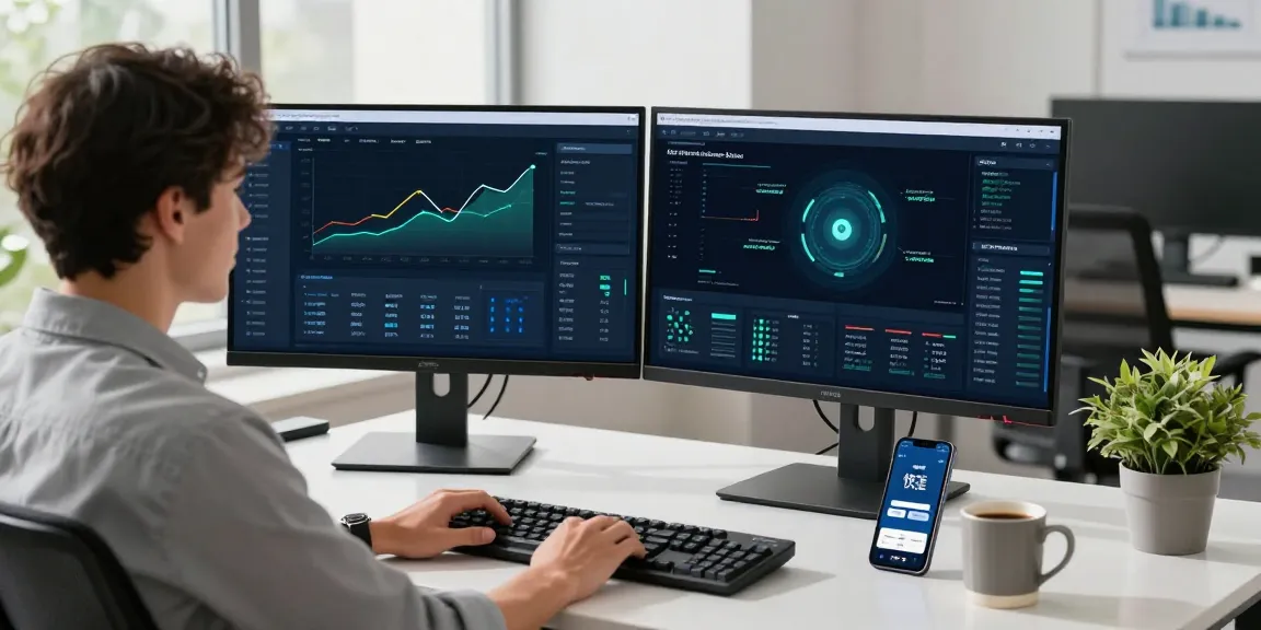 快连 VPN interface and user experience in a modern tech workspace with multiple monitors and coffee.