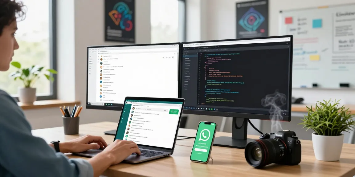 Person using WhatsApp网页版 on a laptop in a modern office workspace.